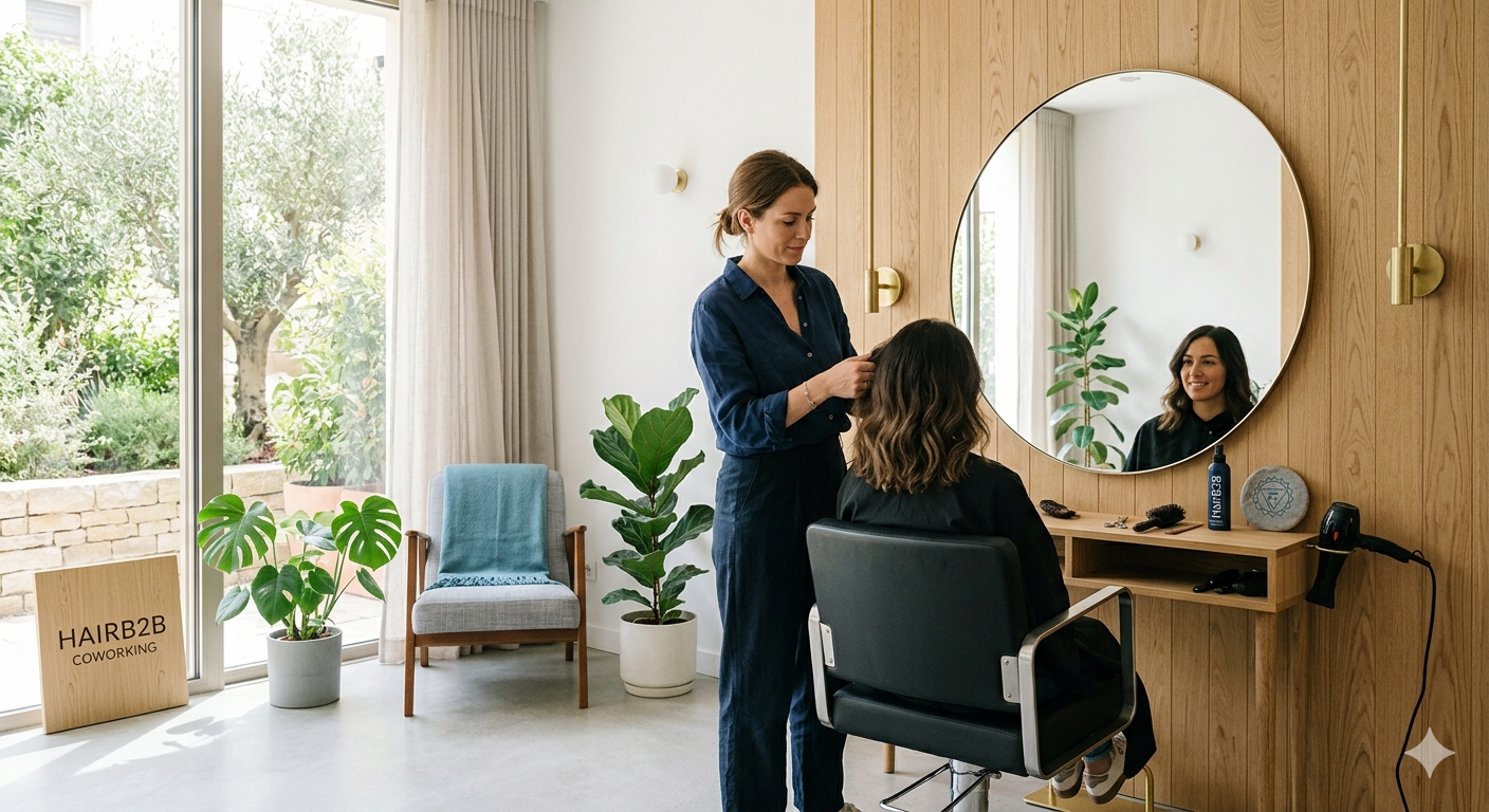 Espace de coworking coiffure HairB2B moderne et lumineux pour coiffeur freelance